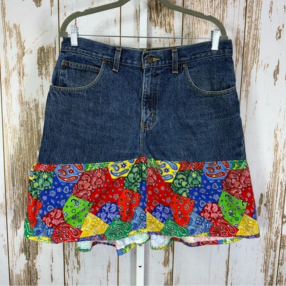 Faded Glory, Denim Handmade Skirt with Colorful Bottom. Size 16.
